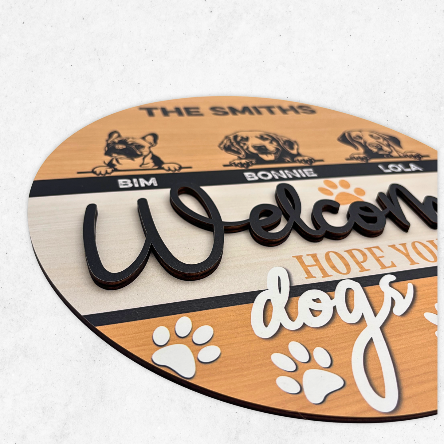 Custom Dog Face Welcome Sign, 2 Layers Wooden Door Hanger Handcraft, Hope You Like Dogs Door Sign