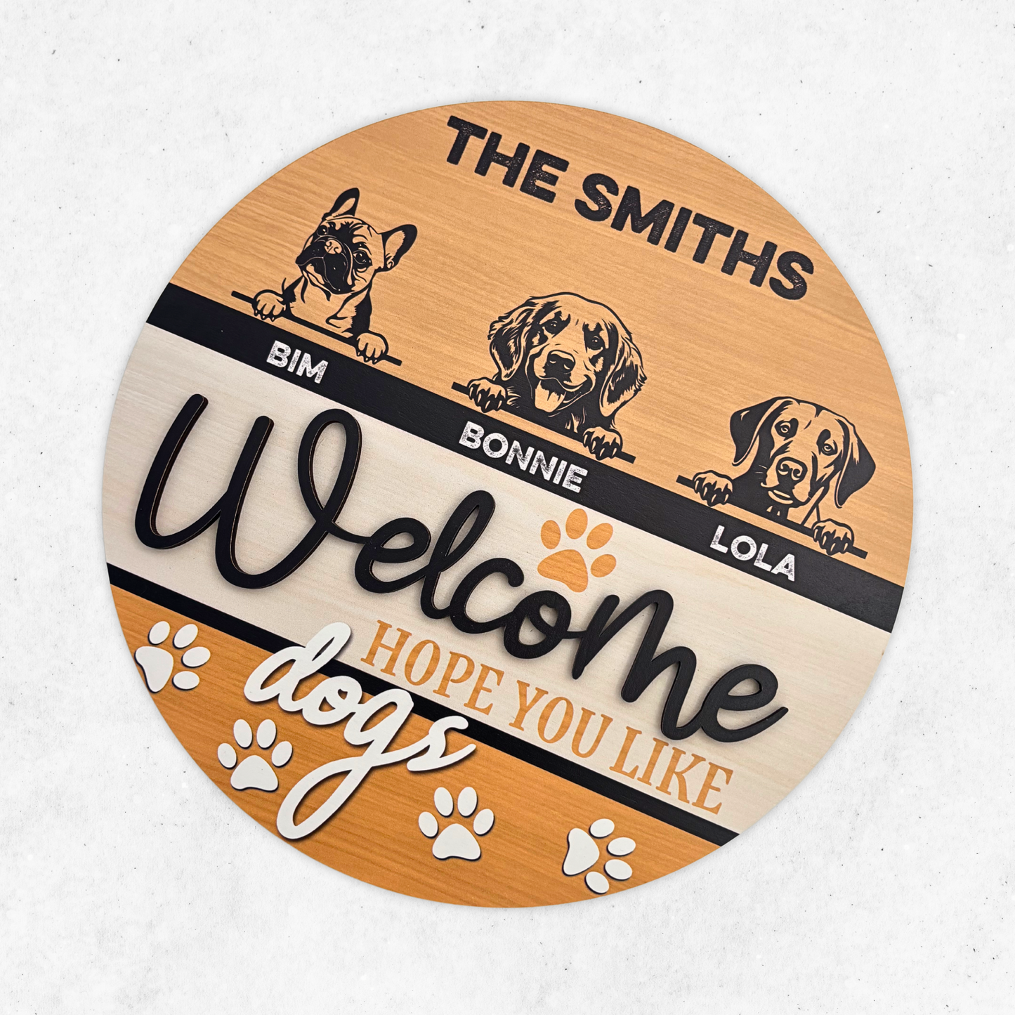 Custom Dog Face Welcome Sign, 2 Layers Wooden Door Hanger Handcraft, Hope You Like Dogs Door Sign