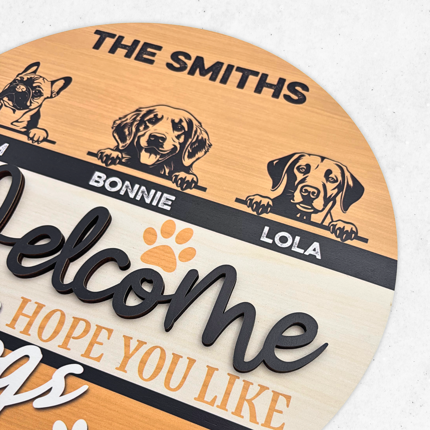 Custom Dog Face Welcome Sign, 2 Layers Wooden Door Hanger Handcraft, Hope You Like Dogs Door Sign