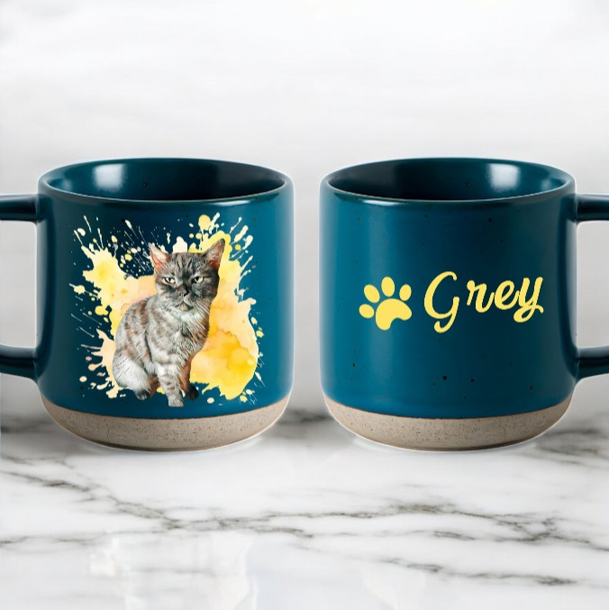 Personalized Pet Watercolor Art Pottery Mug 12oz, Custom 2 Sides Pet Photo And Name, Gift For Pet Owners