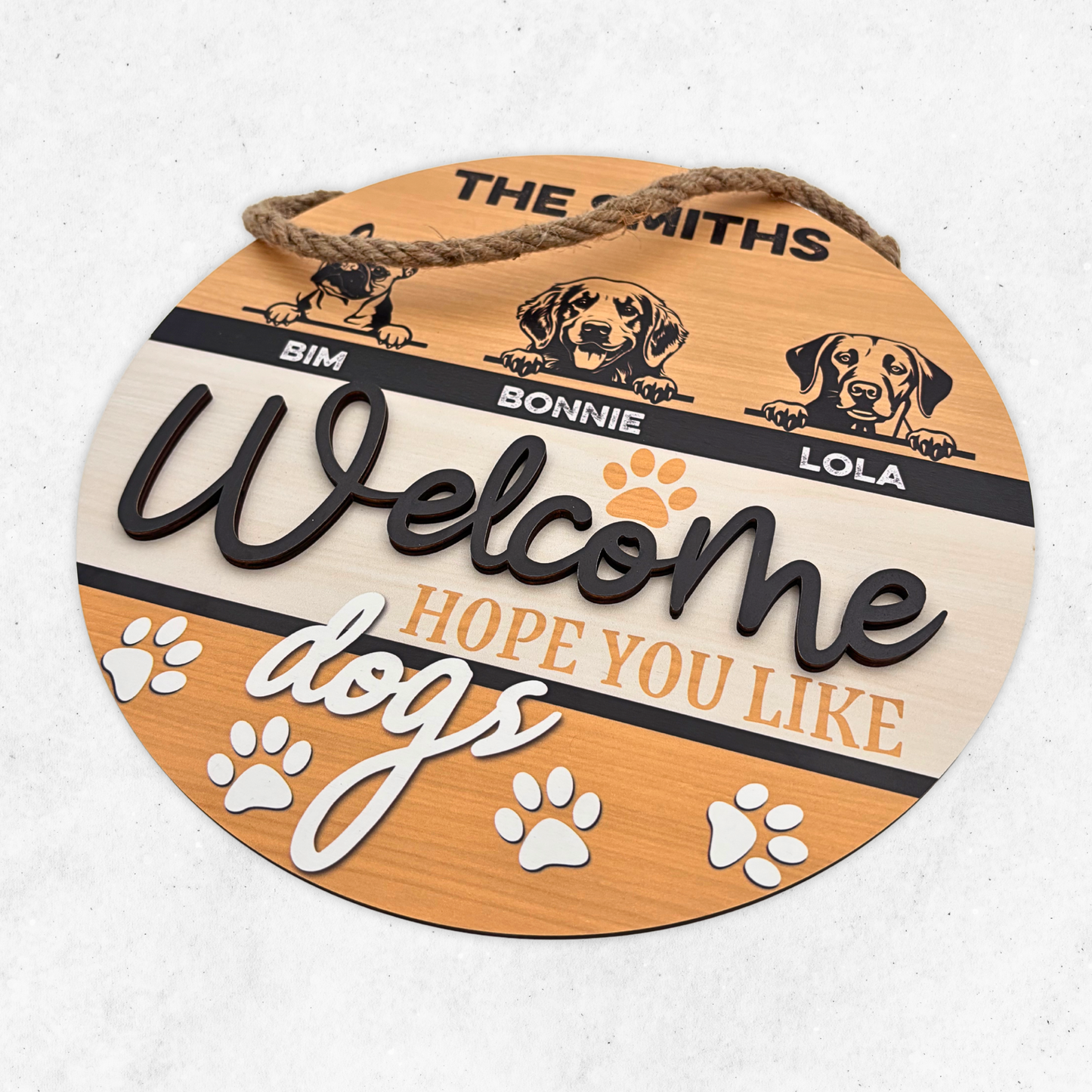 Custom Dog Face Welcome Sign, 2 Layers Wooden Door Hanger Handcraft, Hope You Like Dogs Door Sign