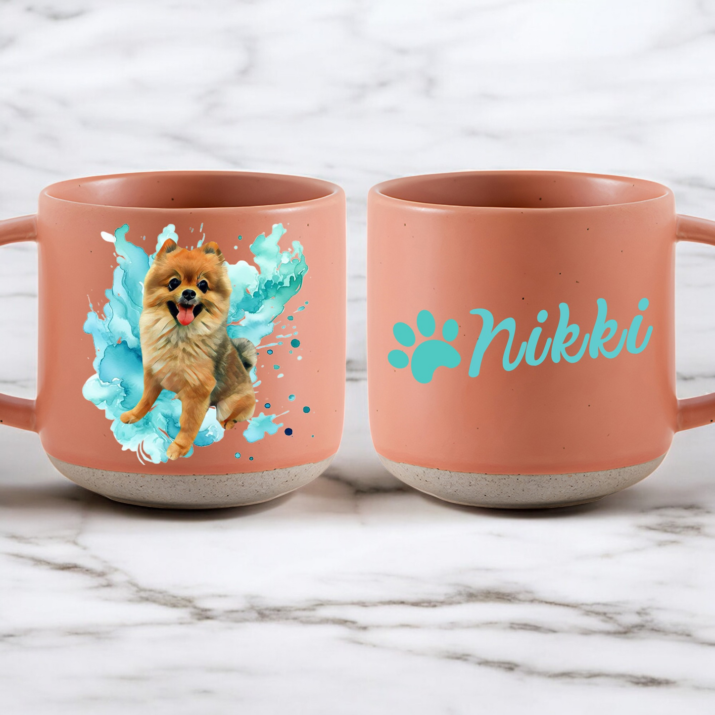 Personalized Pet Watercolor Art Pottery Mug 12oz, Custom 2 Sides Pet Photo And Name, Gift For Pet Owners