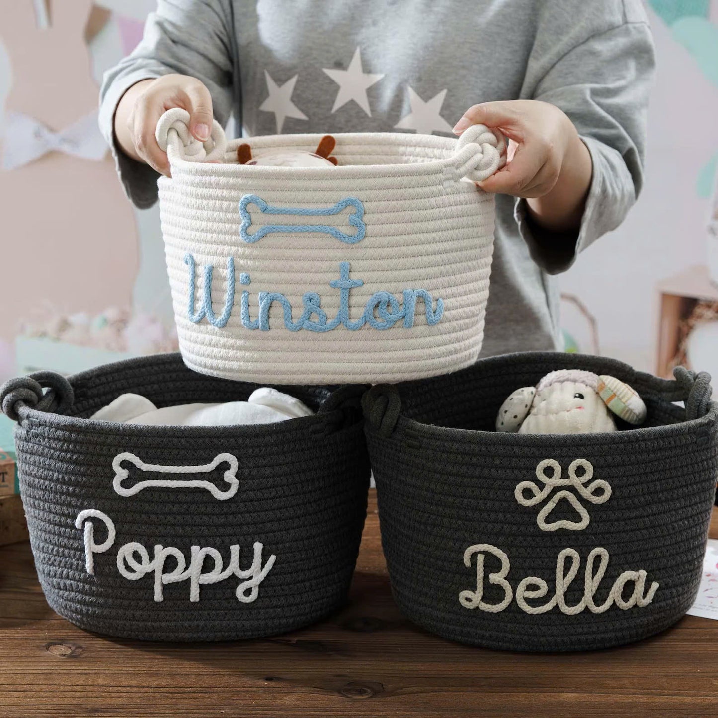 Personalized Pet Cotton Rope Toy Basket, Custom Pet Name Basket, Gift For Pet Lovers
