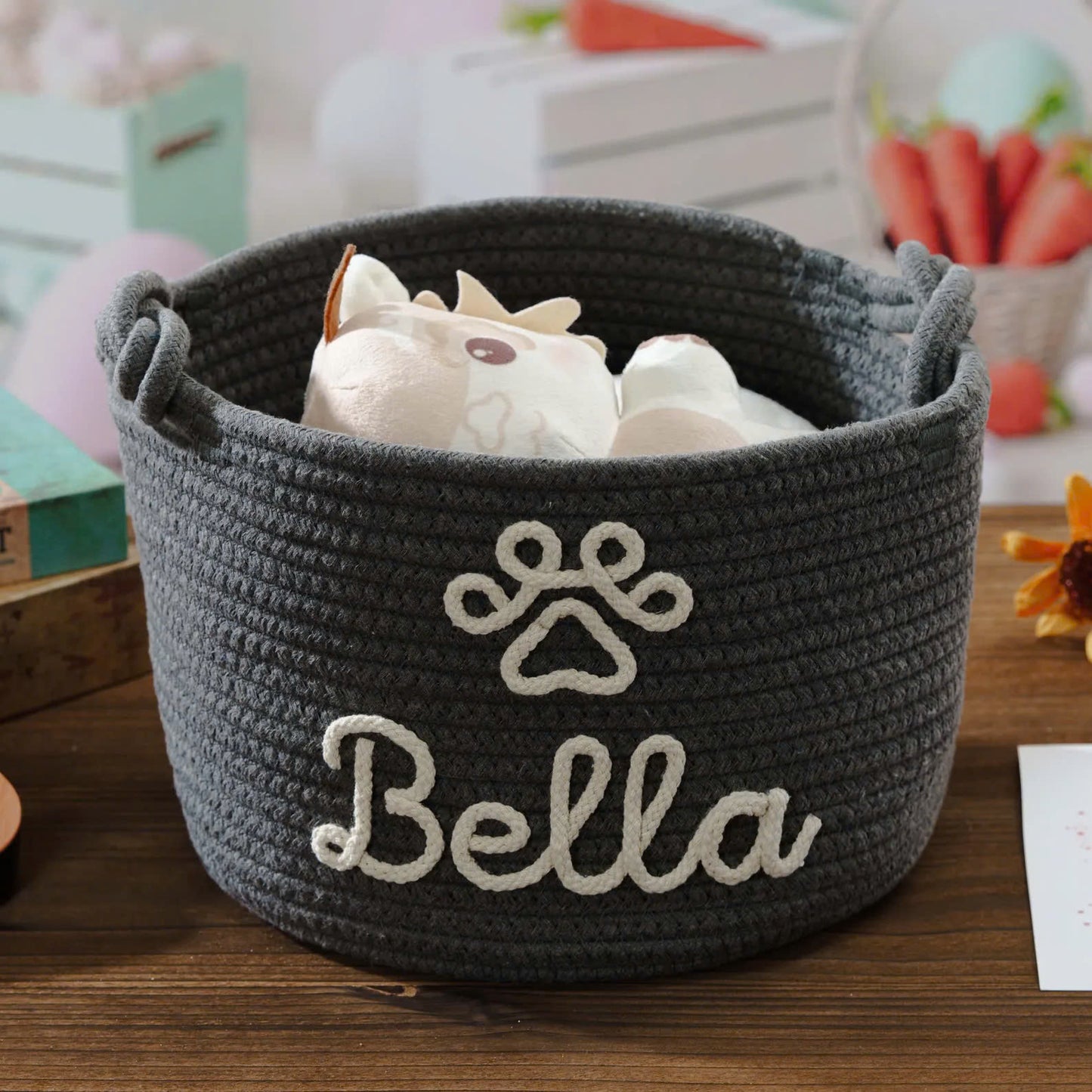 Personalized Pet Cotton Rope Toy Basket, Custom Pet Name Basket, Gift For Pet Lovers