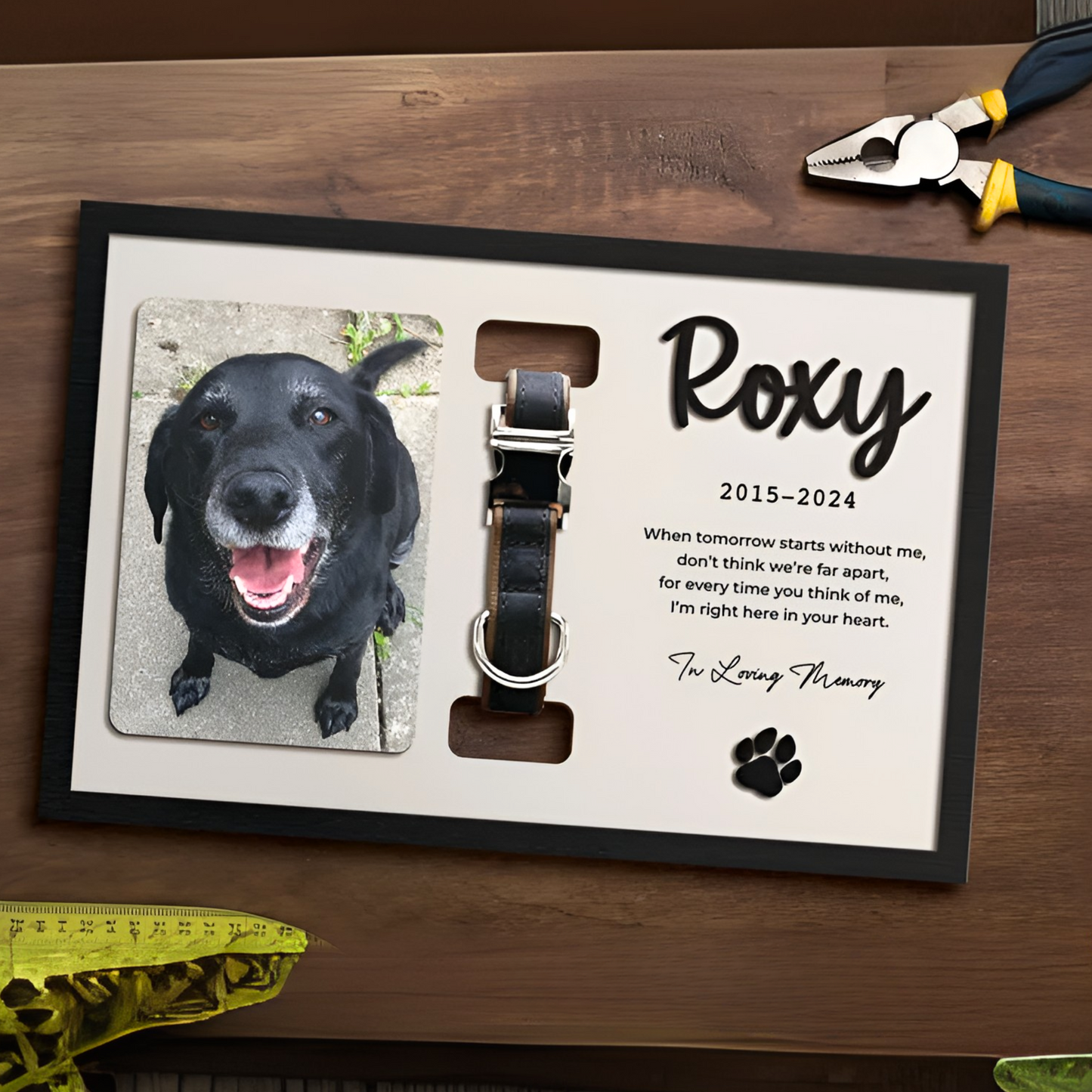 Personalized Wooden Pet Memorial Frame, Custom Pet Collar Holder Wooden Sign, Remembrance Gift For Loss Pet