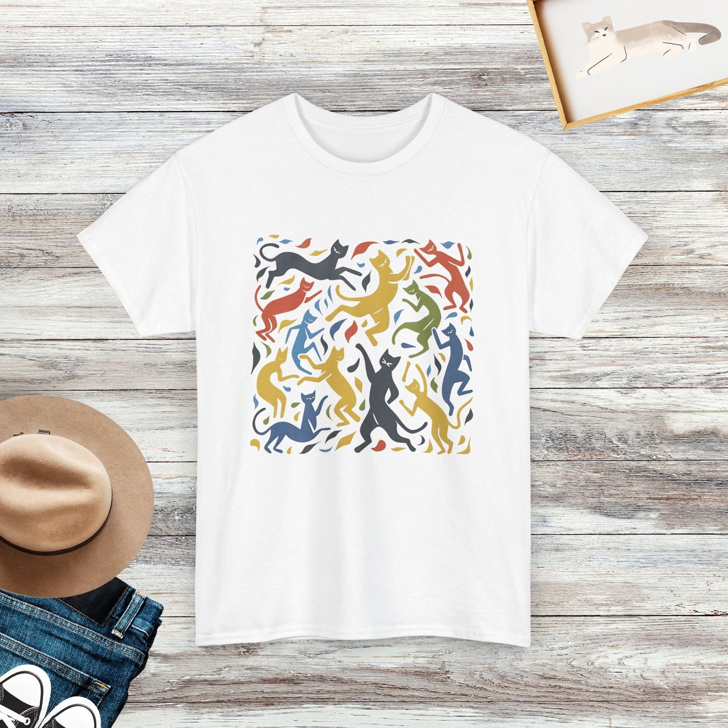 Dancing Cat Shirt, Colorful Art Cat Tee, Gift For Cat Lovers