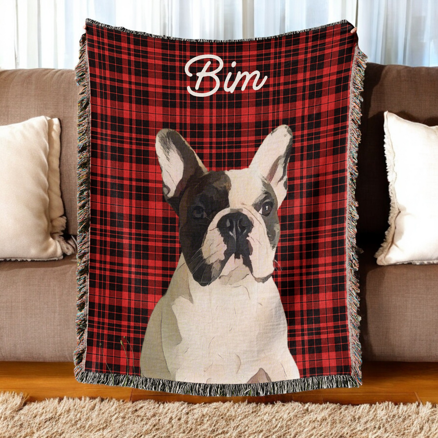 Custom Pet Plaid Fringe Blanket, Custom Pet Photo And Name, Gift For Pet Lovers, Personalized Fringe Blanket