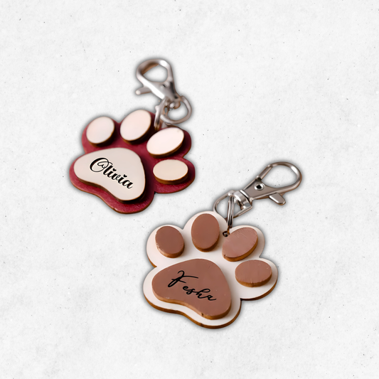 2 Layers Paw Shape Wooden Keychain, Custom Pet Name Keychain, Personalized Gift For Pet Lovers