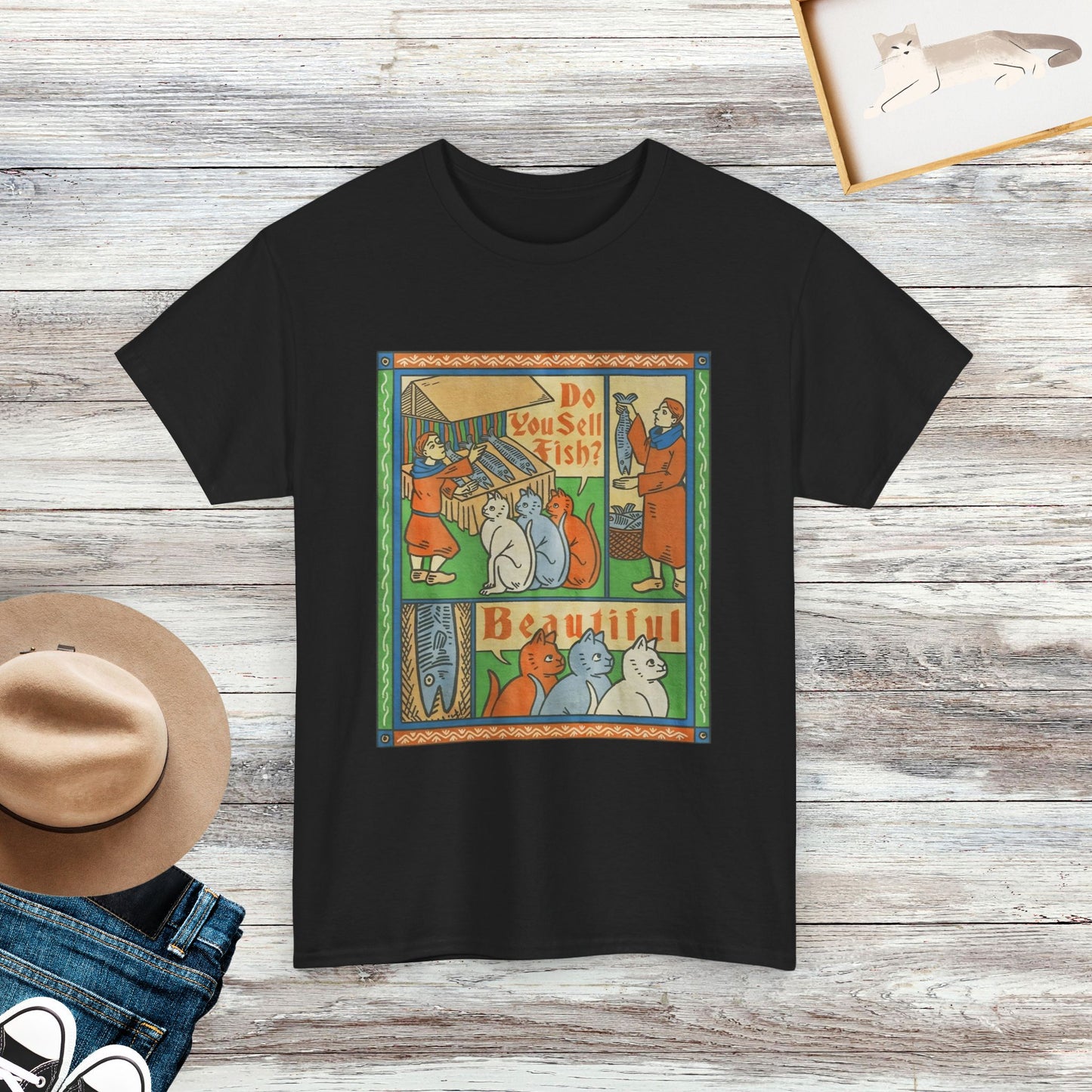 Medieval Cats T-Shirt, Fish Market Shirt, Funny Cat Tee, Gift For Cat Lovers