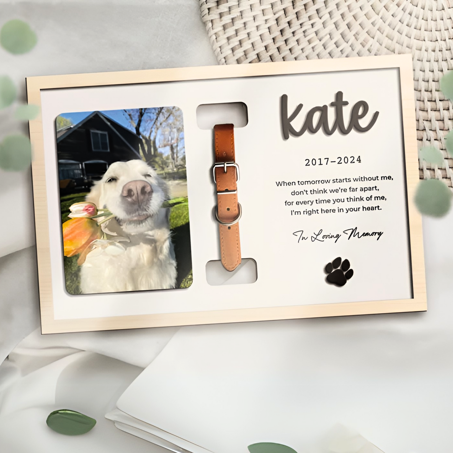 Personalized Wooden Pet Memorial Frame, Custom Pet Collar Holder Wooden Sign, Remembrance Gift For Loss Pet