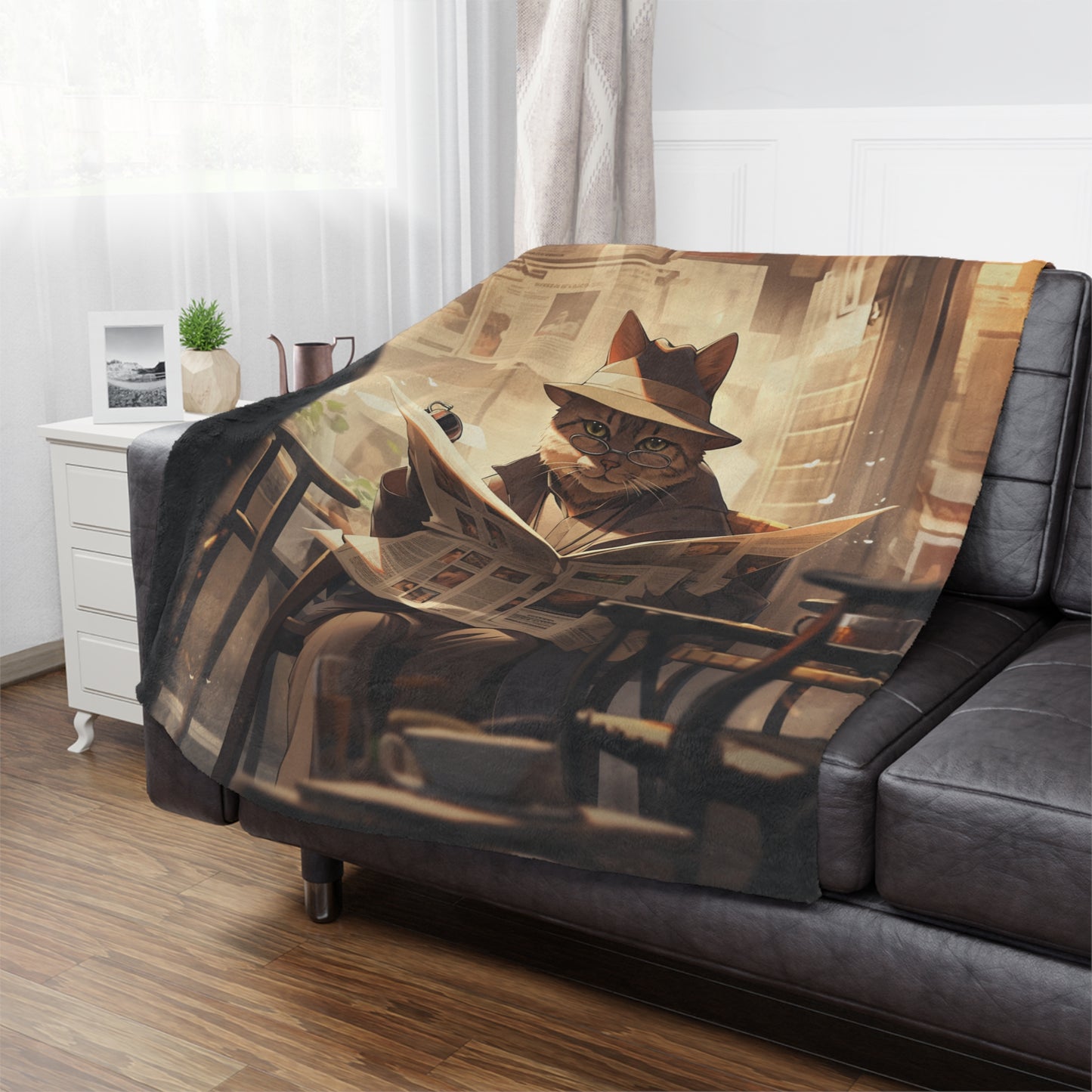 Abyssinian Cat in Vintage Cowboy Attire Reading a Newspaper Blanket, Cat Lover Gift