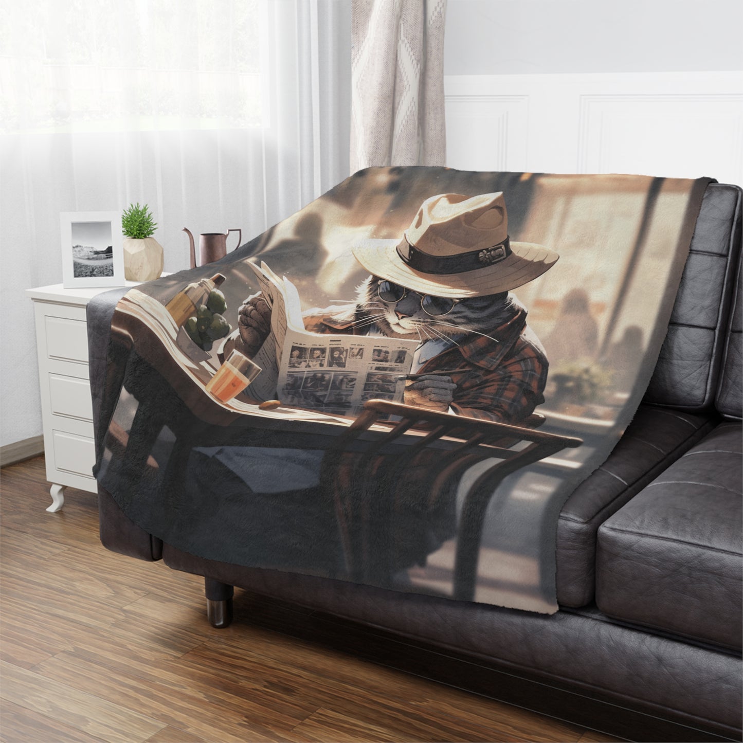 Vintage Cowboy Cat Reading Newspaper Blanket, Cat Lover Gift