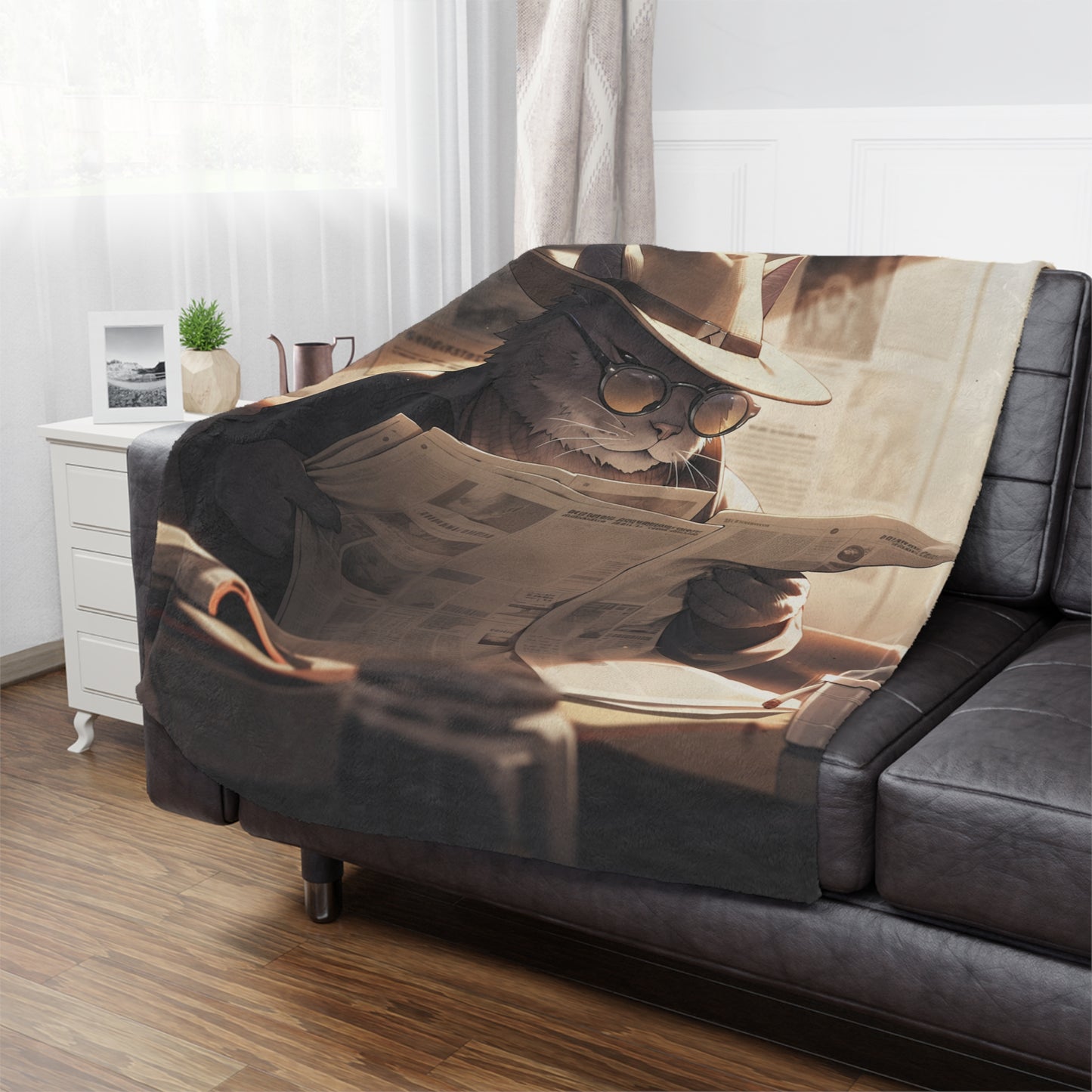 Persian Cat in Vintage Cowboy Attire Reading a Newspaper Blanket, Cat Lover Gift