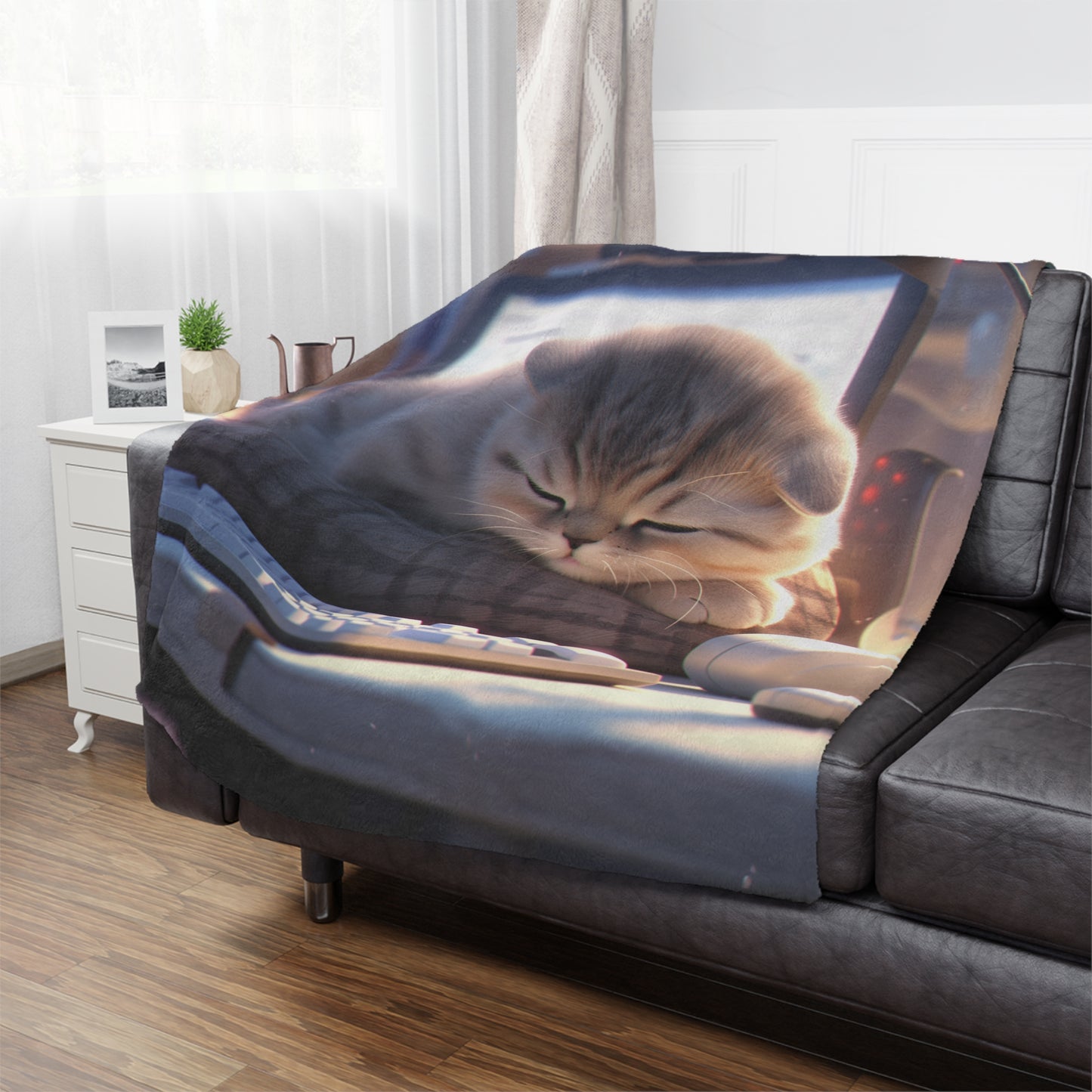 Scottish Fold Cat Chilling Peacefully On Desk In The Morning Blanket, Cat Lover Gift