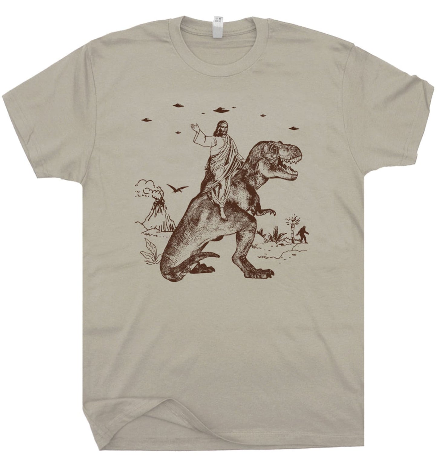 Jesus Riding Dinosaur T Shirt UFO Funny Jesus T Shirts Offensive Cool Graphic Shirts - Msix Apparel - Sand Color T Shirt