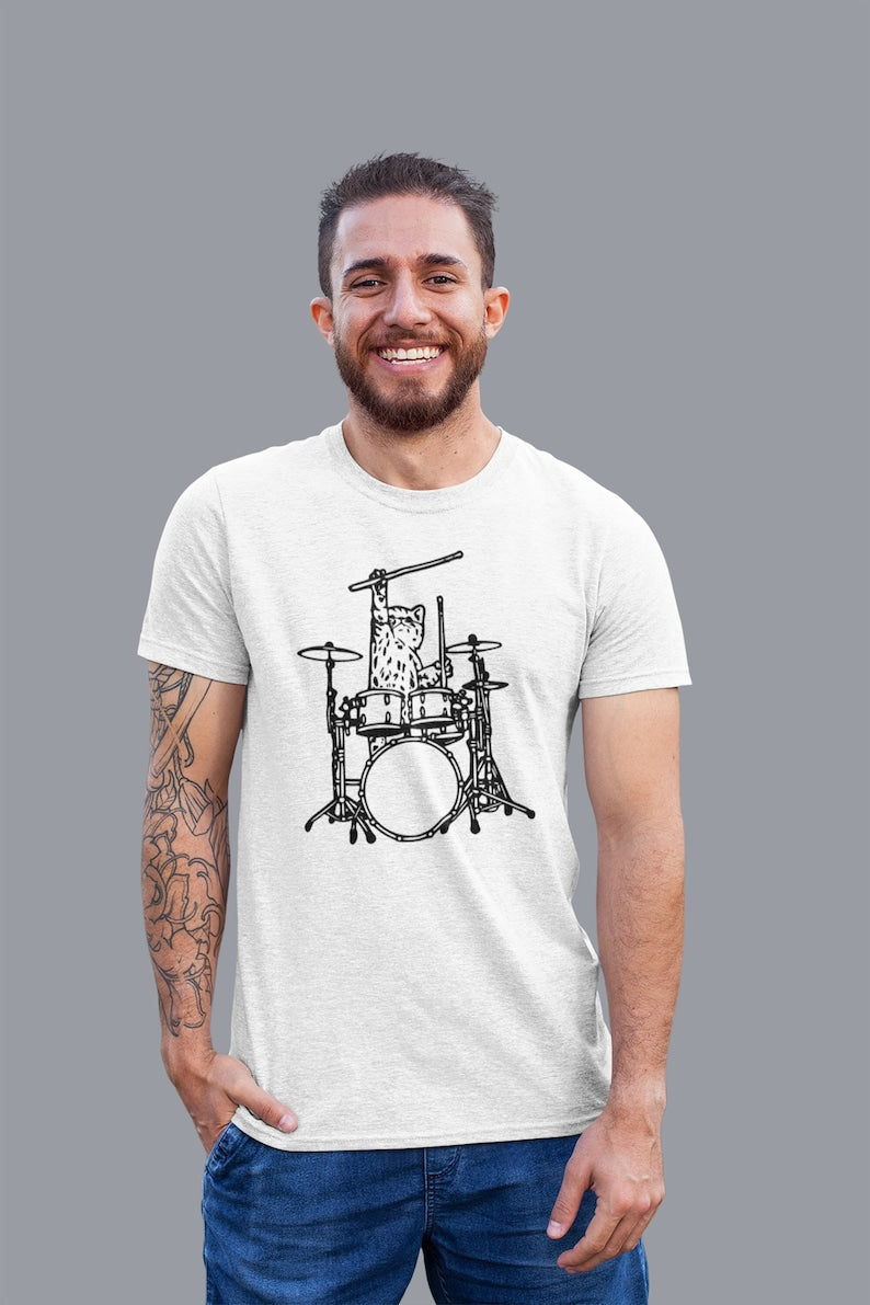 Cute Cat Playing Drums Men T-Shirt Gift, Drummer Shirt Animal Lover Gift Drumming Shirt, Drummer Tee Drum Shirts, Music Gifts Mens Tshirt