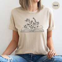 Minimalist Book Tshirt, Cute Wild Flower Shirt, Gifts for Bookworm, Reading Book Shirts, Aesthetic Floral Tshirt, Minimal Gift for Librarian