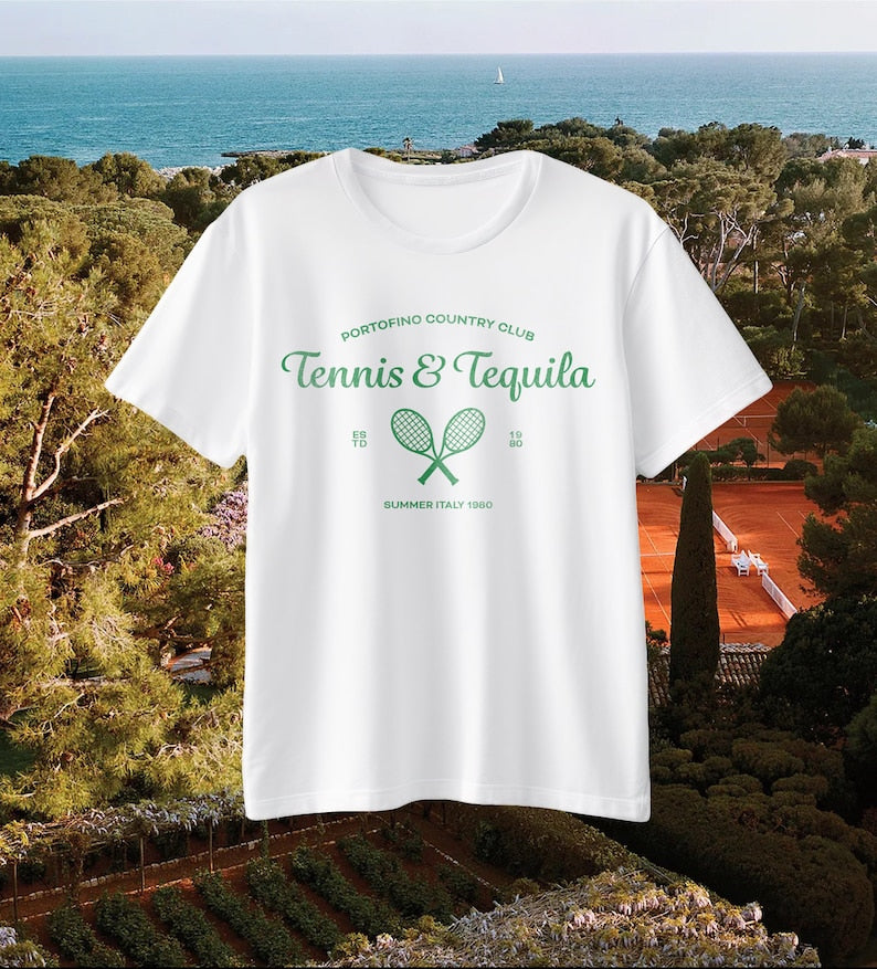 Vintage Tennis & Tequila Summer Italy 1980 T-Shirt, Portofino Tennis Graphic Tee, Amalfi Coast Travel Shirt, Vacation Chic Trendy T Shirt