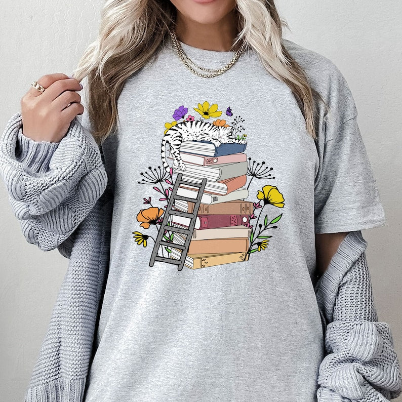Cat Book T Shirt, Books and Cats Shirt, Reading Shirt, Cat Lover Shirt, Gift for Cat Lover, Gift for Book Lovers, Bookish Shirt, Cat Mom