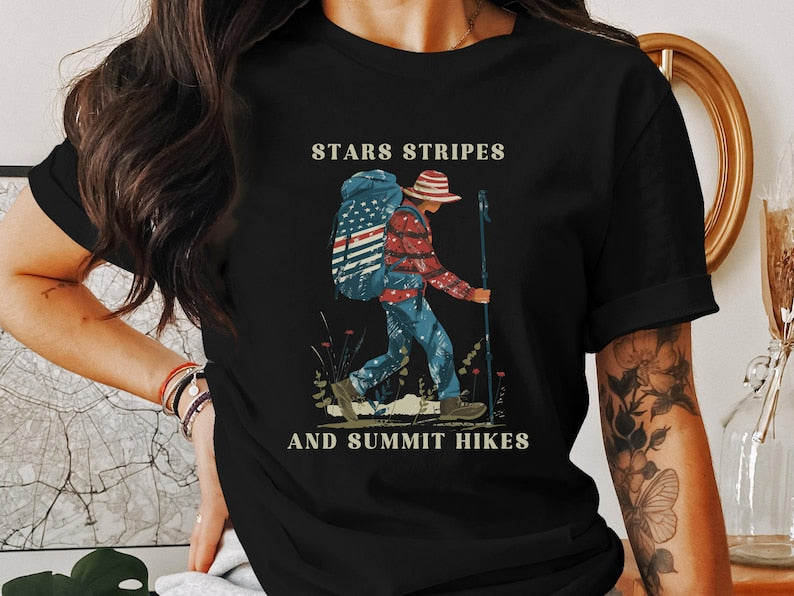 American Hiking Shirt, Stars Strikes And Summit Hikes, American Flag Hiking T-shirt, Gift for Hiking Lovers, Unisex USA Hike Tee, Hiker Gift