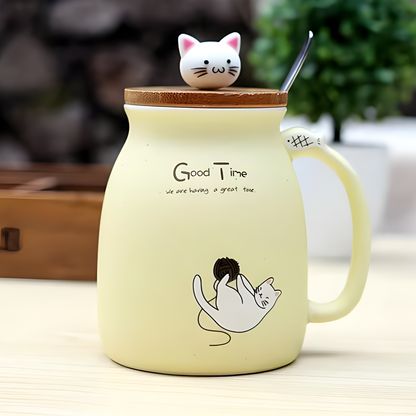 Kitten Lid Ceramic Mug 15oz, Cat Heat-resistant Ceramic Mug, Gift For Cat Lover