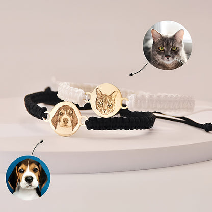 Personalized Engraved Pet Portrait Braided Rope Bracelet, Custom Pet Photo Bracelet, Gift For Pet Lovers