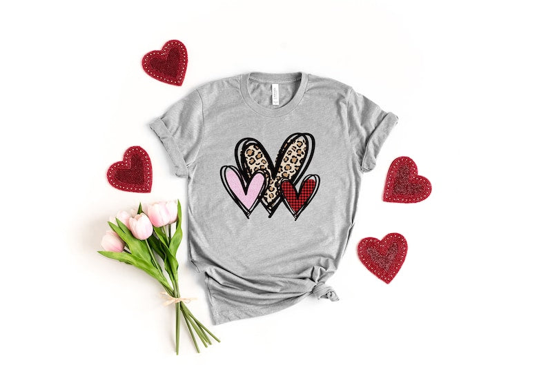 3 Doodle Heart Valentines Shirt, Leopard Heart Shirt, Cute Valentines Day Shirt, Leopard Shirt, Cute Heart Shirt Unisex, Valentines shirt - Msix Apparel - T Shirt