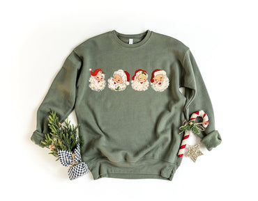 Retro Cheerful Santa Tshirt, Santa Merry Christmas Shirt, Vintage Santa Claus Graphic Tee, Xmas Women Men Gift, Classic Christmas Sweatshirt - Msix Apparel - Military Green Sweatshirt