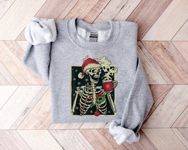 Dead Inside Skeleton Christmas SweatShirts, Sarcastic Christmas Coffee Shirt Merry Christmas Shirt Coffee Lover Christmas Gift Fall - Msix Apparel - Heather Grey Sweatshirt
