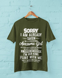 Funny T Shirt For Boyfriend Husband Partner Sorry I Am Already Taken By A Freaking Awesome Girl She's A Bit Crazy joke gift ideas for him - Msix Apparel - T Shirt