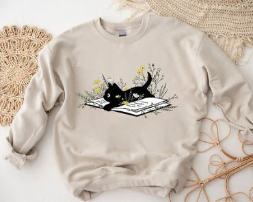 Bookish Sweatshirt, Book Lover Sweatshirt, Gift for Cat Lover, Cute Cat Book Sweatshirt, Librarian Gifts For Women, Floral Cat Sweatshirt - Msix Apparel - Sweatshirt