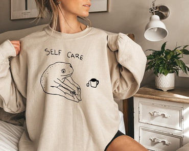 Funny Frog Self Care Shirt, Funny Frog Self Care Retro Sweatshirt, Funny Shirt, Birthday Gift For Her, Cottagecore Frog shirt - Msix Apparel - Sand Color Sweatshirt