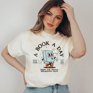 Bookish Mental Health Shirt, Book A Day Retro Shirt Read More Book Lover Bookworm BookTok Romance Reader Book Addict Romantasy Bibliophile - Msix Apparel - T Shirt