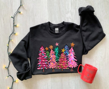 Pink Tree Christmas Shirts, Christmas Sweater, Christmas Crewneck, Christmas Tree Sweatshirt, Holiday Sweaters for Women, Winter Shirts - Msix Apparel - Black Sweatshirt