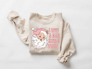 Funny Santa Beard Sweatshirt, Retro Pink Santa Christmas Sweatshirt, Womens Christmas Sweatshirt, Holiday Sweater, Cute Christmas Sweatshirt - Msix Apparel - Sand Color Sweatshirt