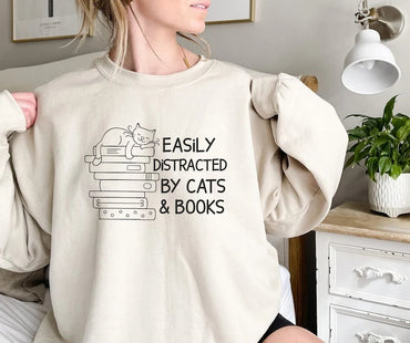 Easily Distracted By Cats And Books Shirt, Book Lover Gift, Funny Cat Shirt, Cat Lover Shirt, Cat Lover Gift, Reader T-Shirt, Cats and Books - Msix Apparel - T Shirt