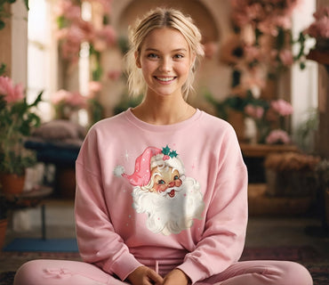 Retro Pink Santa Christmas Sweatshirt Gift for Her, Pink Christmas PJs Matching Family Pajamas Retro Christmas Shirt Vintage Holiday Sweater - Msix Apparel - Pink Sweatshirt