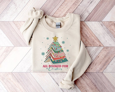 All Booked For Christmas Shirt Gift for Librarian, Bookworm Christmas Sweater, Christmas Book Tree Sweatshirt, Book Lovers Christmas Sweatshirt - Msix Apparel - Sand Color Sweatshirt