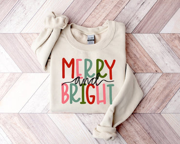 Merry and Bright Sweatshirt, Christmas Sweatshirt, Family Christmas Sweatshirt, Christmas Sweatshirts for Women, Merry Christmas Sweatshirt - Msix Apparel - Sand Color Sweatshirt