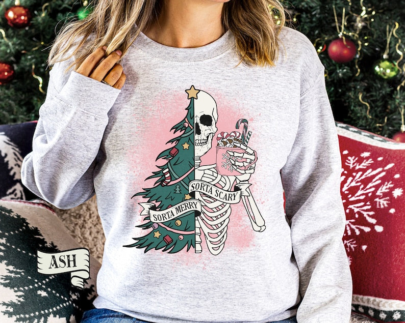 Sorta Merry Sorta Scary Crewneck, Funny Christmas Sweatshirt, Cute Spooky Season Sweater, Funny Sweater, Christmas Skeleton Sweatshirt - Msix Apparel - Sweatshirt