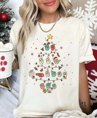 Sign Language Christmas Tree T Shirt, Merry Christmas ASL Shirt, Hand Language Xmas Shirt, Deaf Awareness Gift - Msix Apparel - White T shirt
